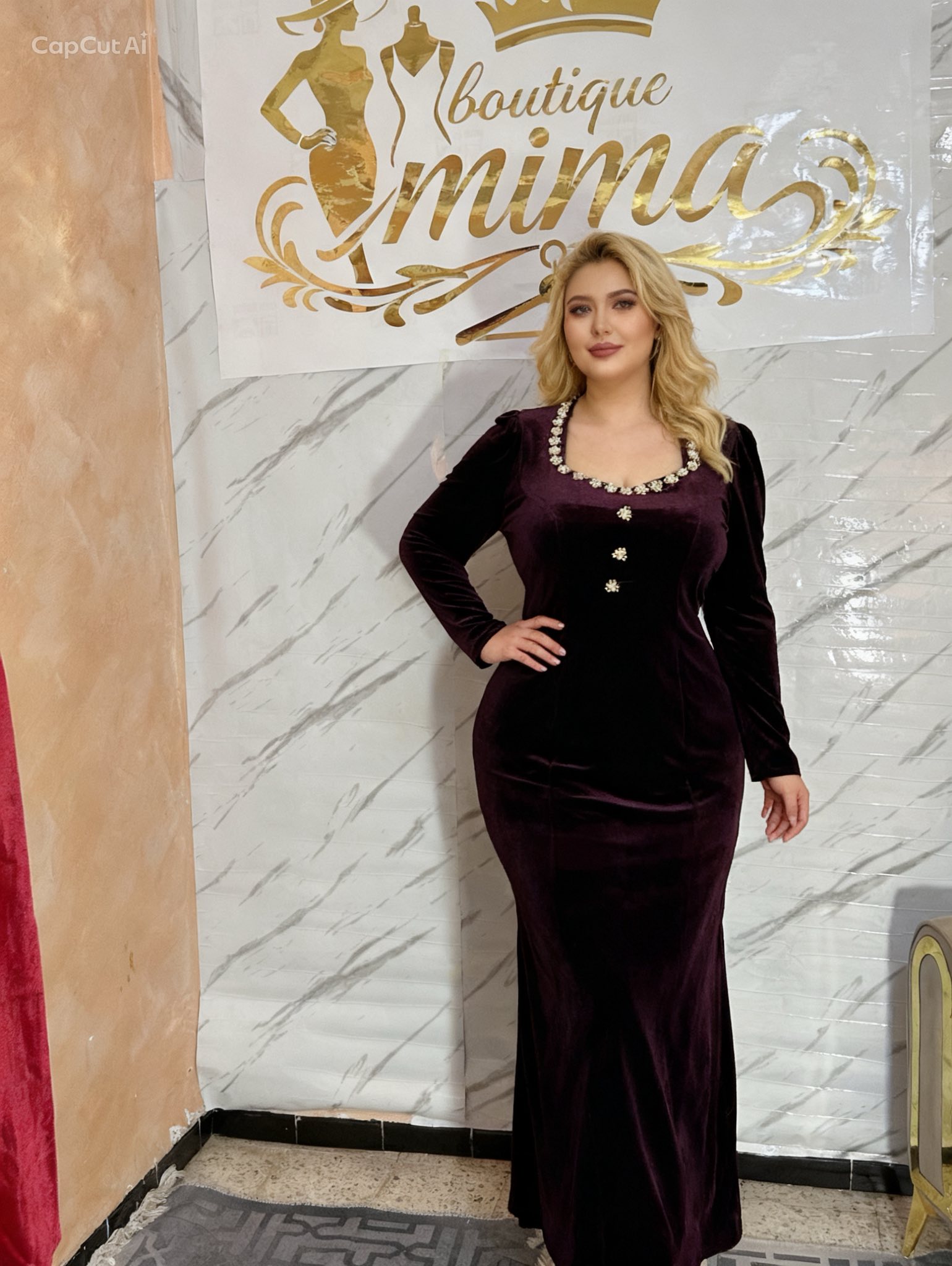 فستان نسائي أنيق مصنوع من قماش المخمل الفاخر بلون خمري